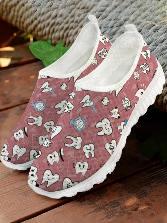 White Cartoon Teeth Print Mesh - Women Shoes Tennis review and price