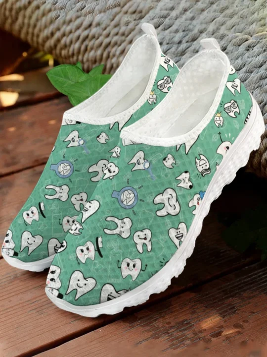 White Cartoon Teeth Print Mesh - Women Shoes Tennis review and price